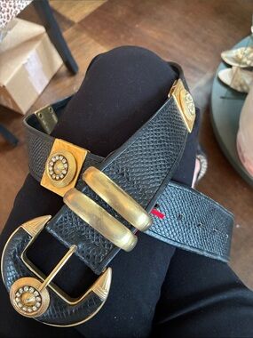 Vintage Black Leather Belt with Gold Tone Buckle and Rhinestone Accents